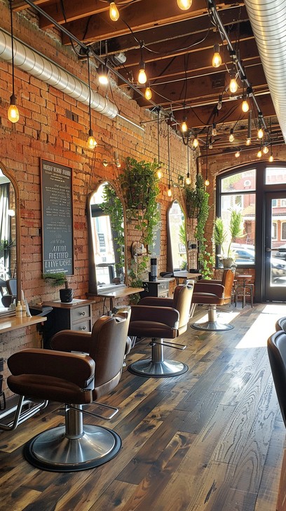 Warm, modern hair salon interior with styling chairs
