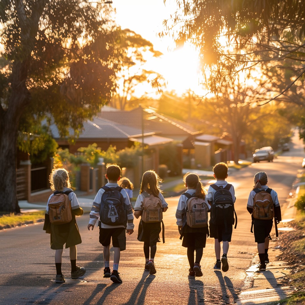 Image of a walk to school at sunrise — sunrise, children, walk | Download on StockCake