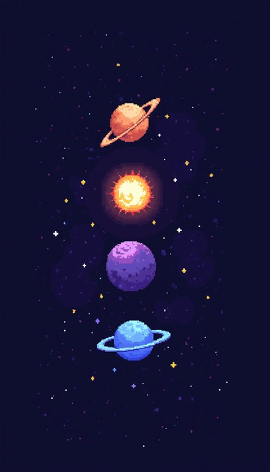 Ringed, glowing, and detailed planets vertically aligned in the depths ...