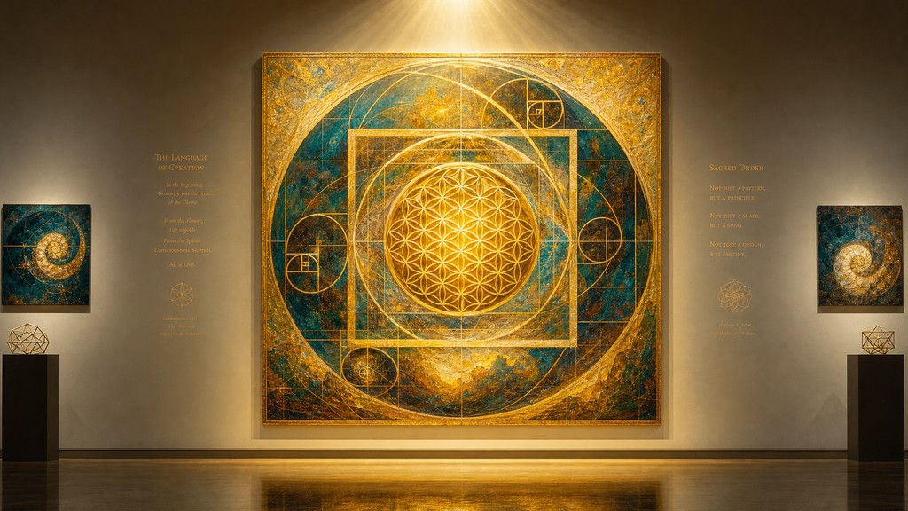 A glowing square oil painting of a golden Flower of Life pattern with ...