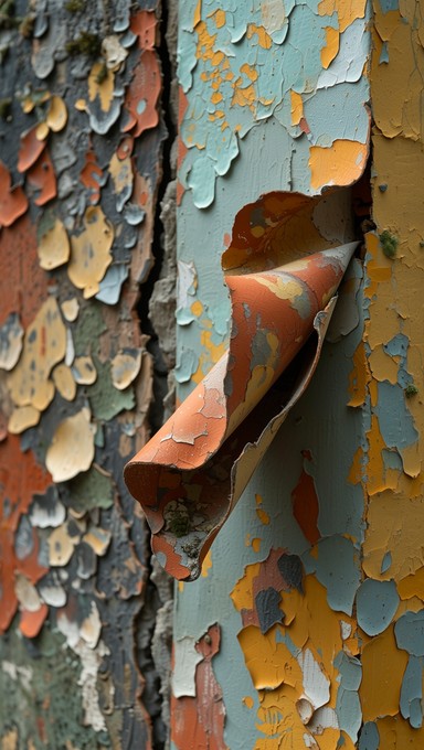 Layers of peeling paint in teal, orange, and yellow reveal decades of ...