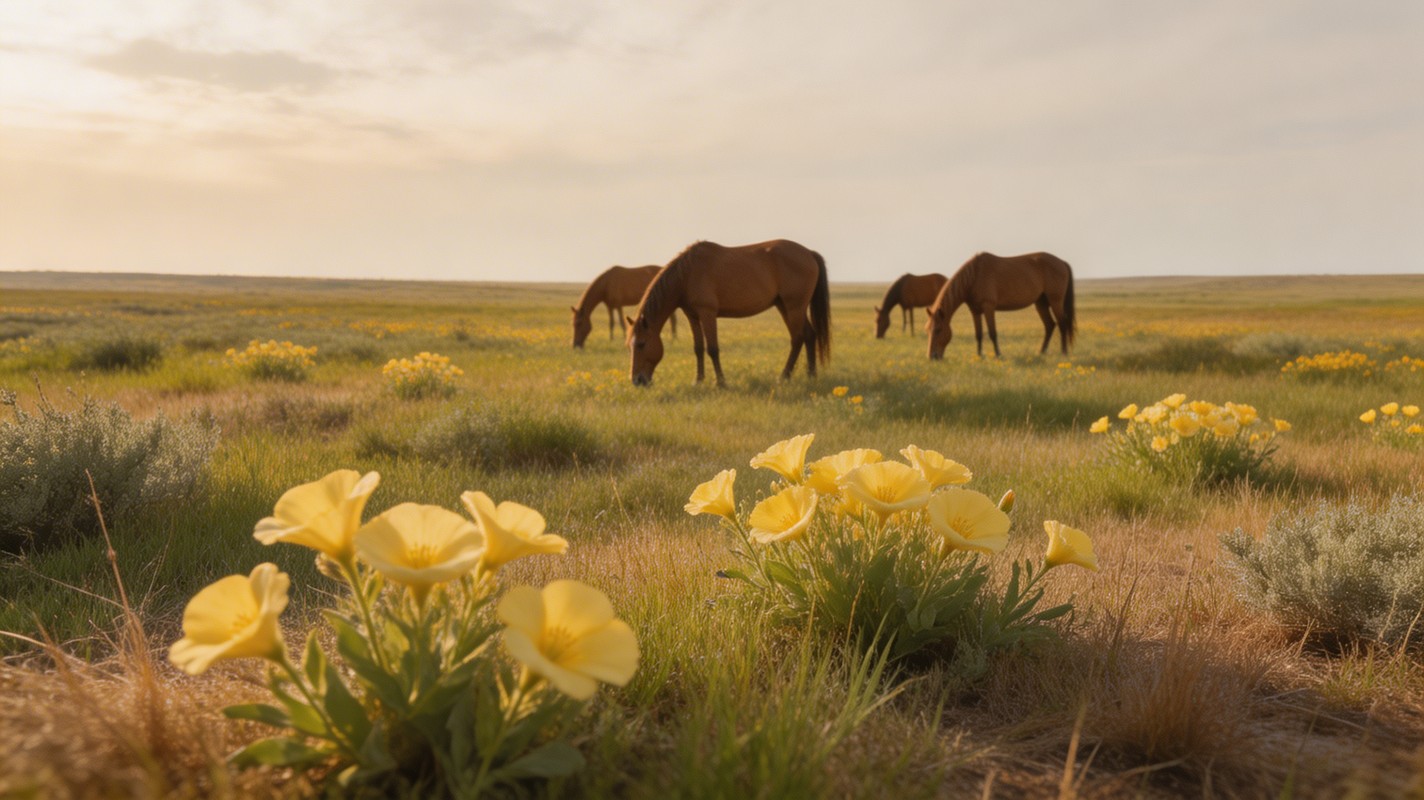 Free Golden Prairie Sunset Image - Horses, Prairie, Wildflowers ...