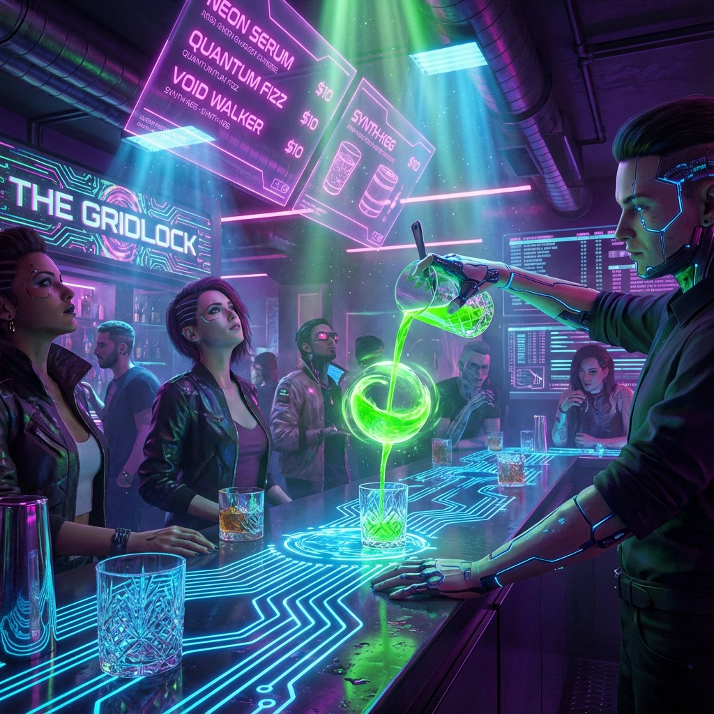 Free Cyberpunk Bar Scene Image - Cyberpunk, Bartender, Futuristic ...