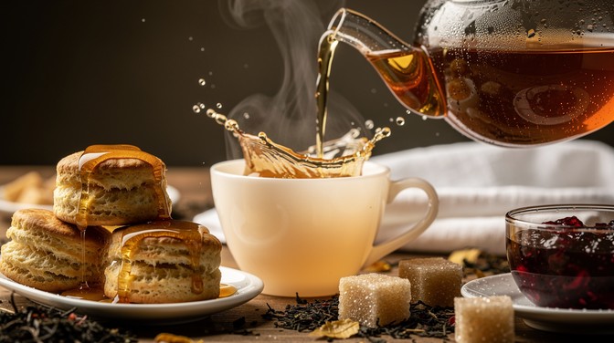 Free Golden Tea Moment Image - Tea, Scones, Honey | Download at StockCake