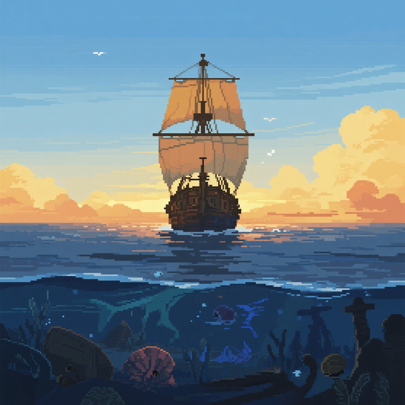 Free Pixel Ocean Explorer Image - Ship, Ocean, Sunset | Download at ...