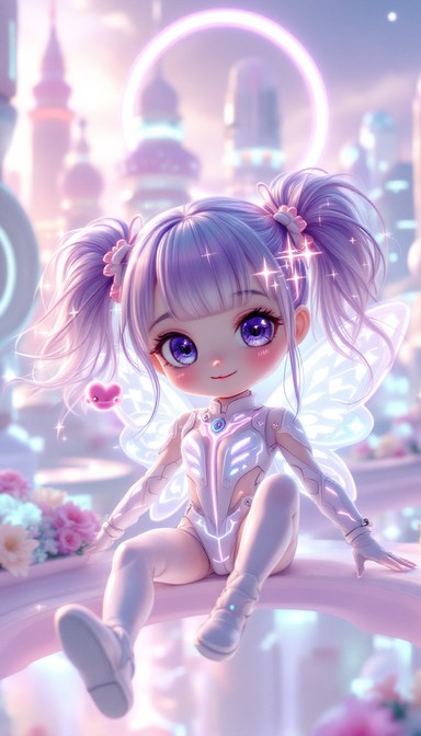 Adorable chibi anime girl with sparkling eyes and holographic wings ...