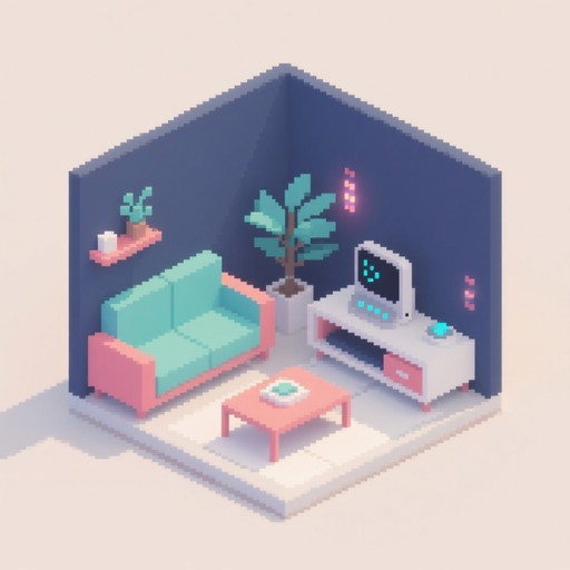 Isometric pixel art showcasing a modern living space with geometric ...