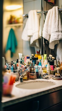 Free Cluttered bathroom counter Image - Bathroom, Clutter, Toiletries ...