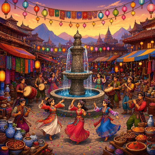 Women dance in red and blue dresses around a stone fountain while ...