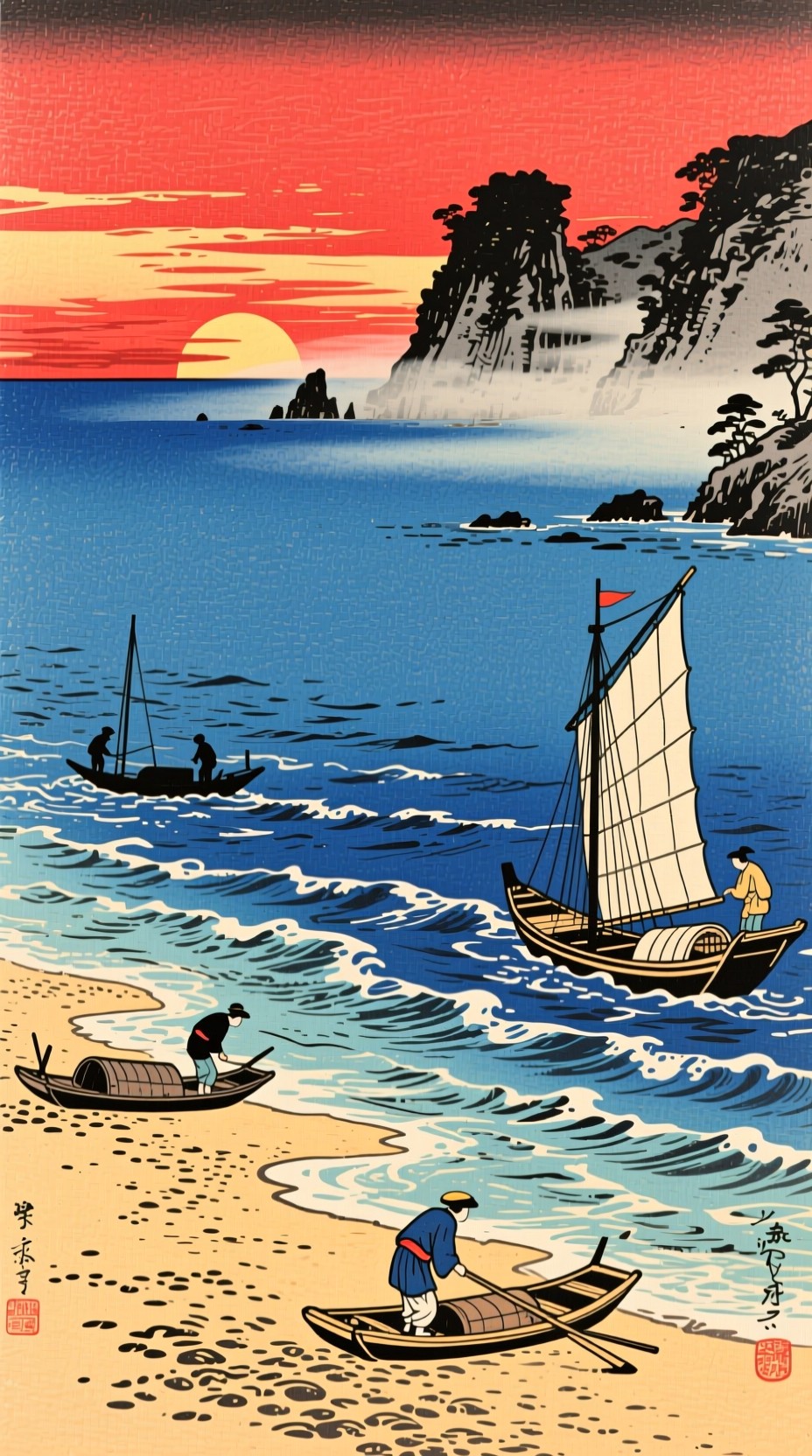 free-japanese-coastal-sunset-image-ukiyo-e-sunset-fishing