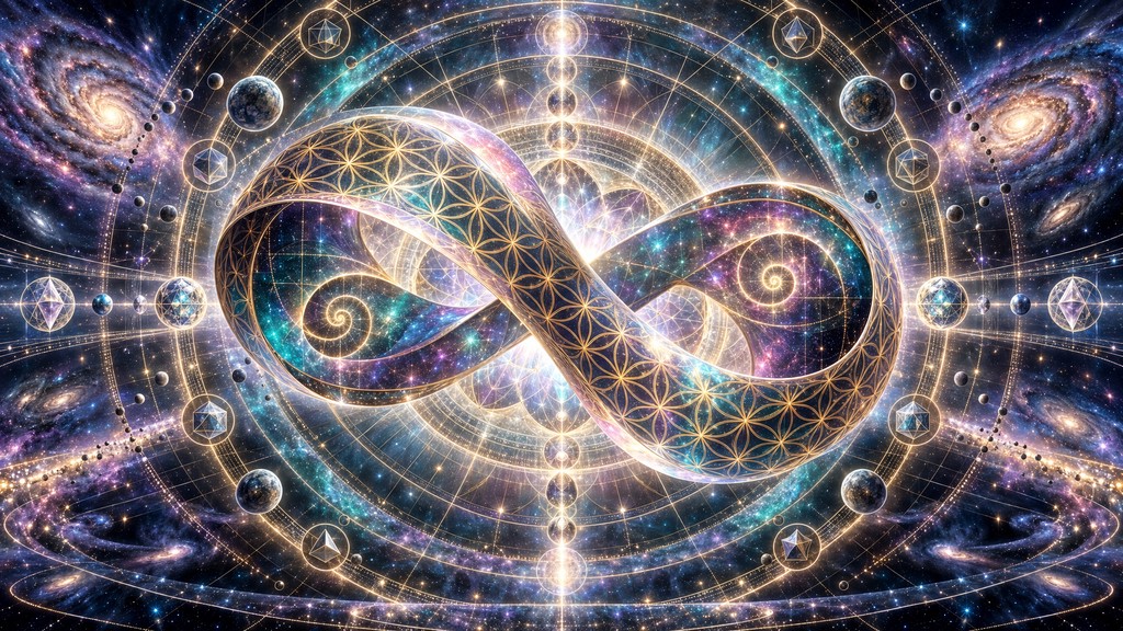 Colorful Moebius A glowing infinity-shaped loop covered in golden flower patterns and ...