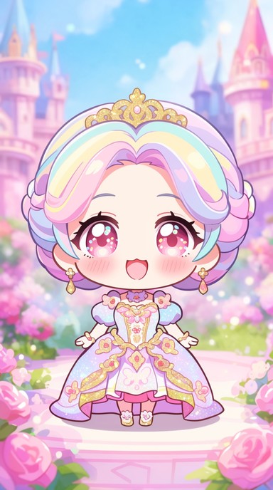 A smiling chibi princess girl with rainbow pastel hair and a golden ...