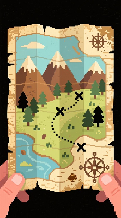 A weathered parchment map with mountains, forests, and a dotted trail ...
