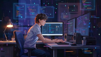 Free Futuristic Coding Workspace Image - Programmer, Coding, Anime ...