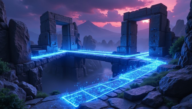 Free Ancient Digital Bridge Image - Ruins, Wireframe, Glowing ...