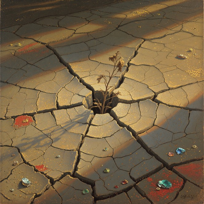 Golden Radiating Sun A delicate plant emerges from parched earth, with colorful minerals ...