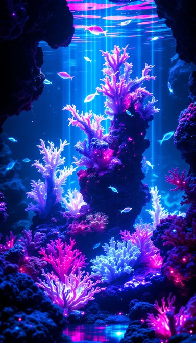 Neons The Fish Luminous coral formations pulse with otherworldly energy in a cyberpunk ...
