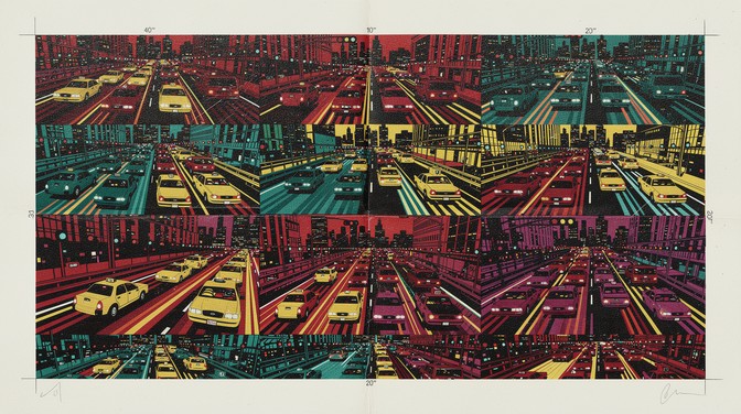 A vibrant pop art composition captures the chaotic energy of rush-hour ...