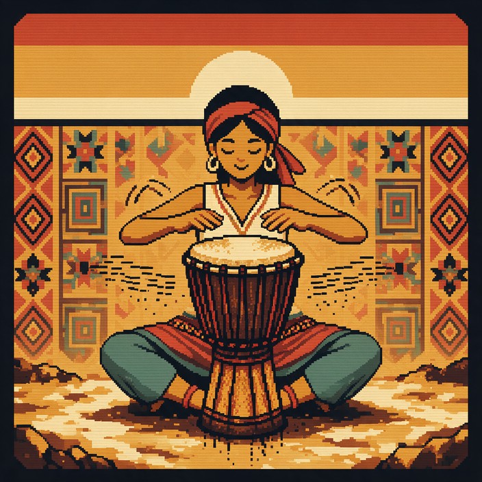 A retro 8-bit pixel art illustration shows a woman sitting cross-legged ...