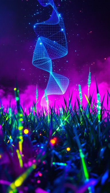 Retro Grass Color Code Vibrant cyber meadow glows under the night sky while digital patterns ...