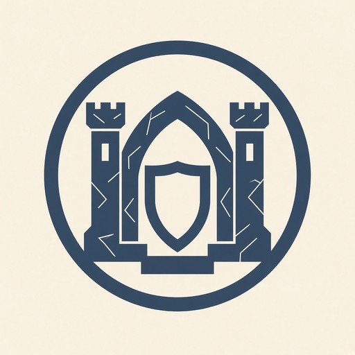 Flat slate blue and cream emblem of a medieval stone gateway with two ...