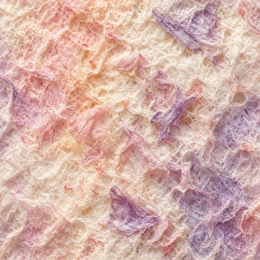 Soft blush pink, lavender, and peach fibers blend across delicate ...