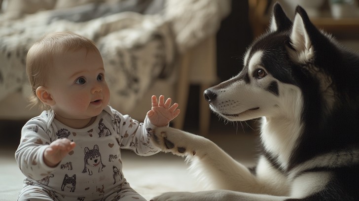 Free Baby meets Husky Image - Baby, Husky, Sofa | Download at StockCake