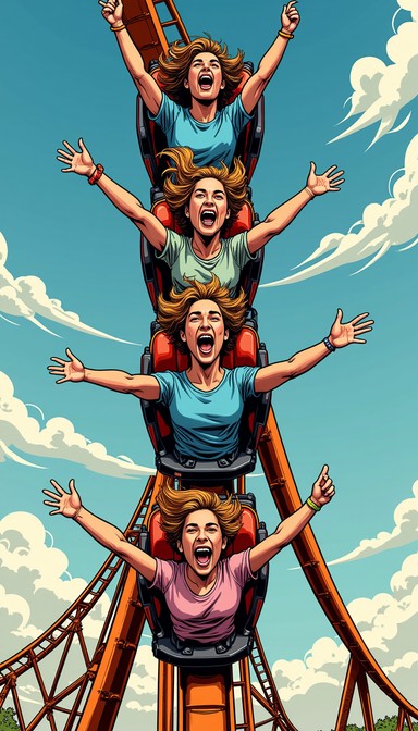 Comic-style roller coaster adventure featuring stacked riders with ...