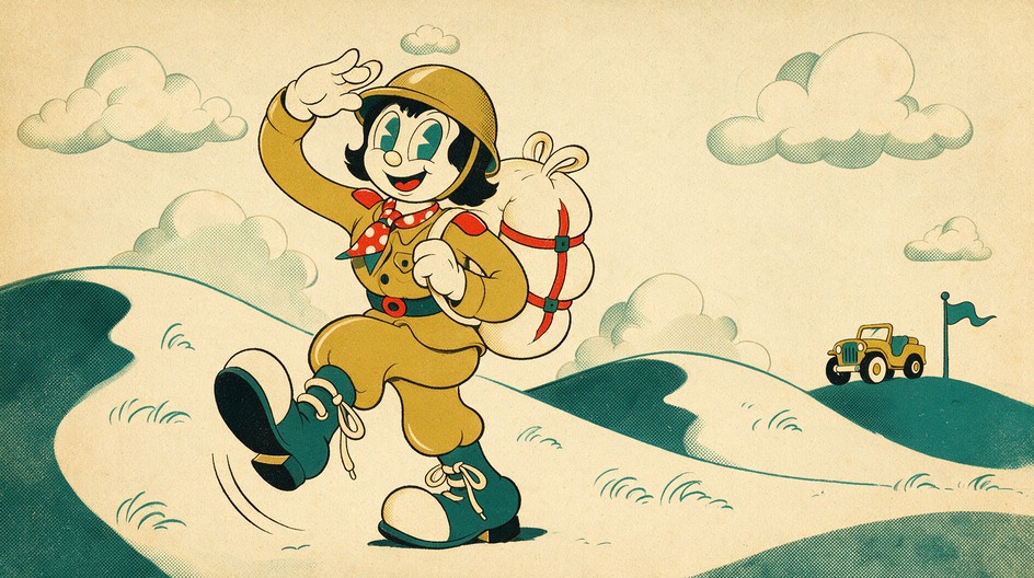 Cheerful cartoon woman soldier in a mustard uniform and teal boots ...