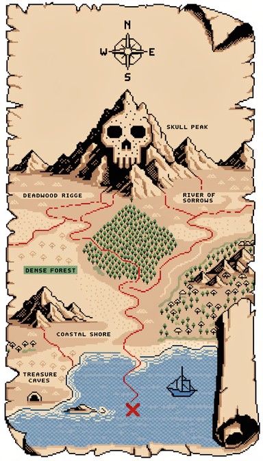 Vintage 8-bit pixel art treasure map featuring skull mountain, winding ...