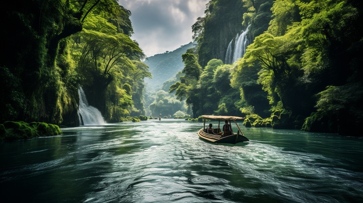 Free Serene Nature Escape Image - Boat, River, Waterfalls | Download at ...