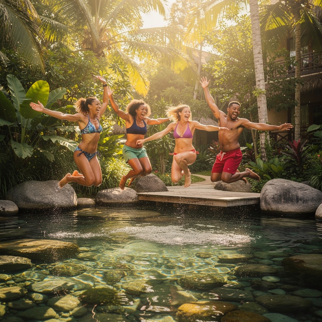 Free Tropical Pool Adventure Image - Friends, Jumping, Pool | Download ...