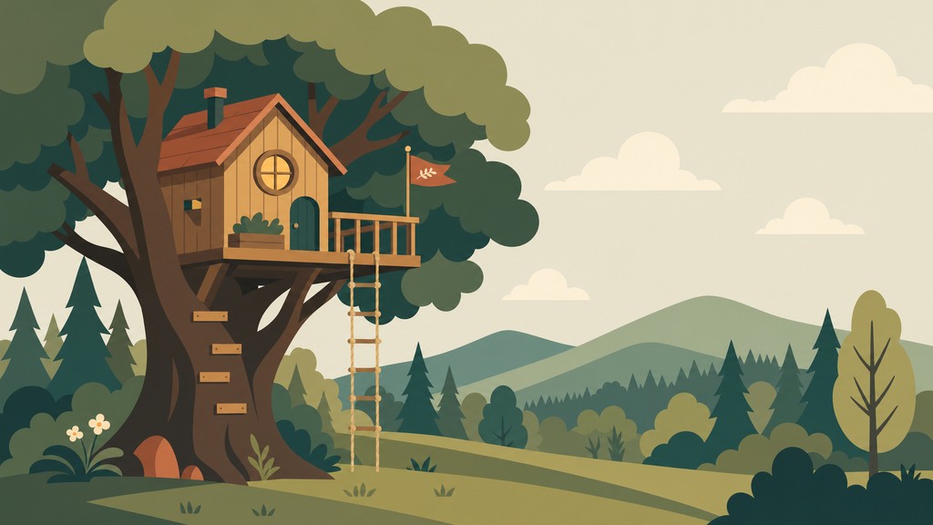 Flat vector illustration of a small wooden treehouse with a terracotta ...