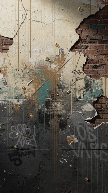 Weathered concrete wall showcases layered street art fragments, exposed ...