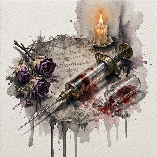Square Gothic Window Dark art watercolor illustration of an antique glass syringe with red ...