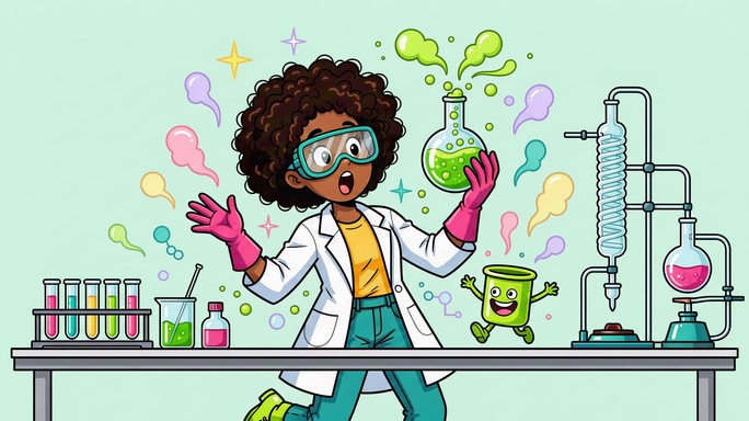 Pink Raft Animated This colorful cartoon illustration shows a woman scientist with big ...