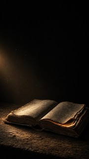 An old open book rests on a rough table, lit by a soft amber glow while ...