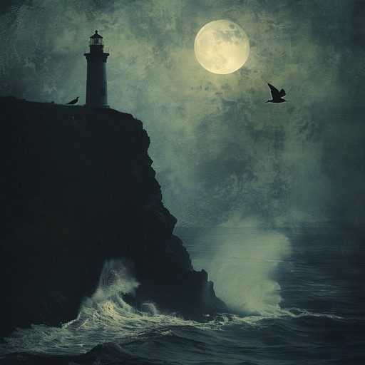 In the still of the night, a lonesome lighthouse perches atop a craggy ...