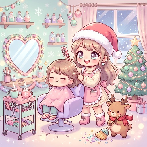 Chubi Style Cute chibi illustration of a girl stylist in a Santa hat styling a ...