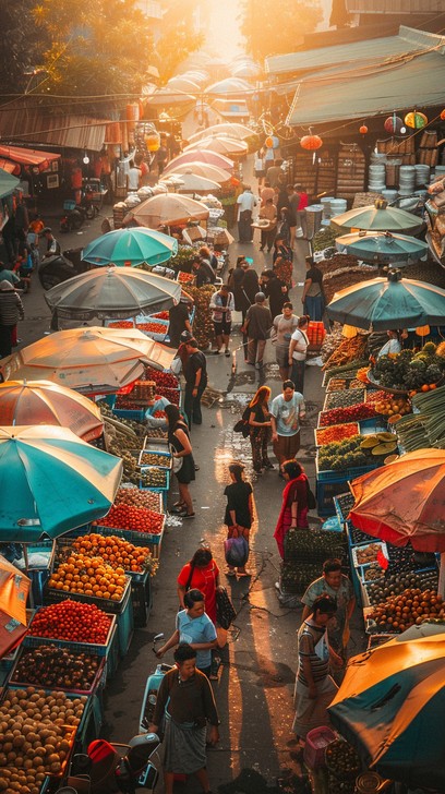 Market Setting Images Free Bustling Market Scene Image - Market, Sunset, Umbrellas | Download ...