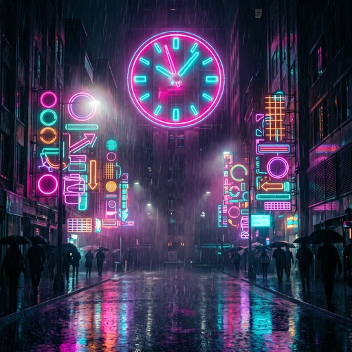 A huge round neon clock glows in hot pink and electric cyan at the ...
