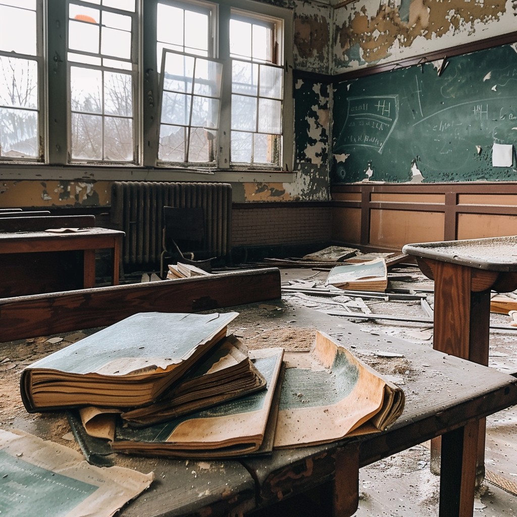 Free Abandoned classroom interior Image - Abandoned, Classroom, Books ...