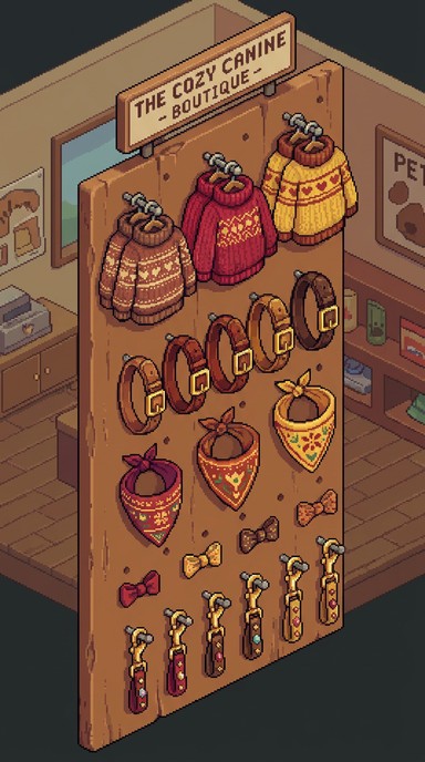 Pixel art display showcasing stylish dog accessories with golden ...