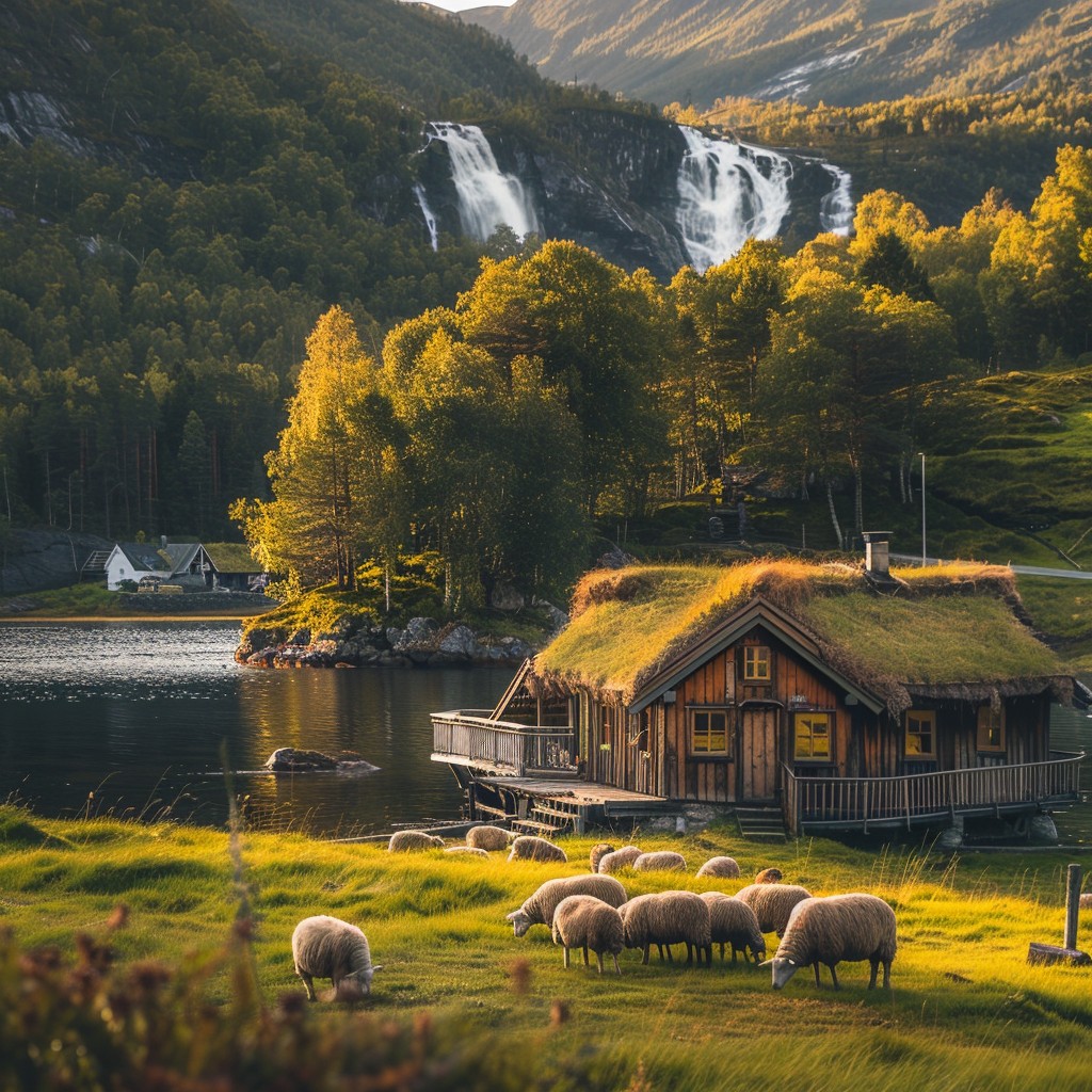 Download Idyllic Rural Home Image - Landscape, Waterfall, Cabin | StockCake