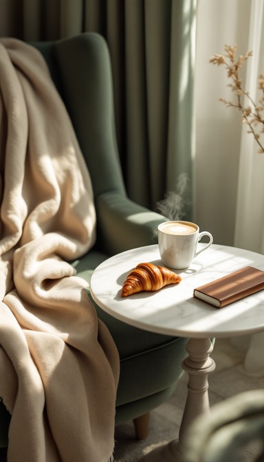 Free Cozy Morning Ritual Image - Coffee, Croissant, Armchair | Download ...