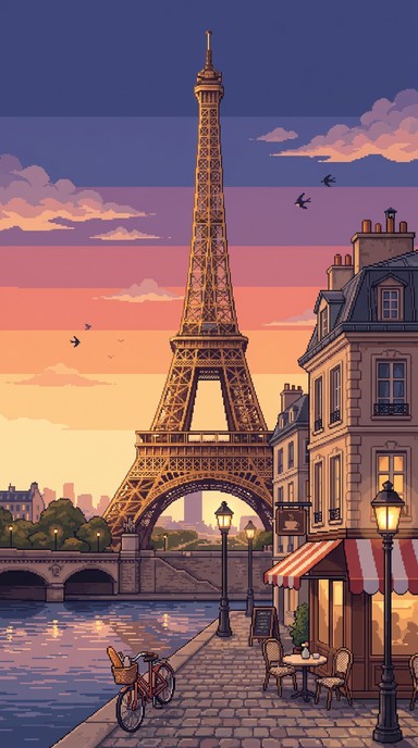A tall pixel art illustration shows the Eiffel Tower rising high above ...