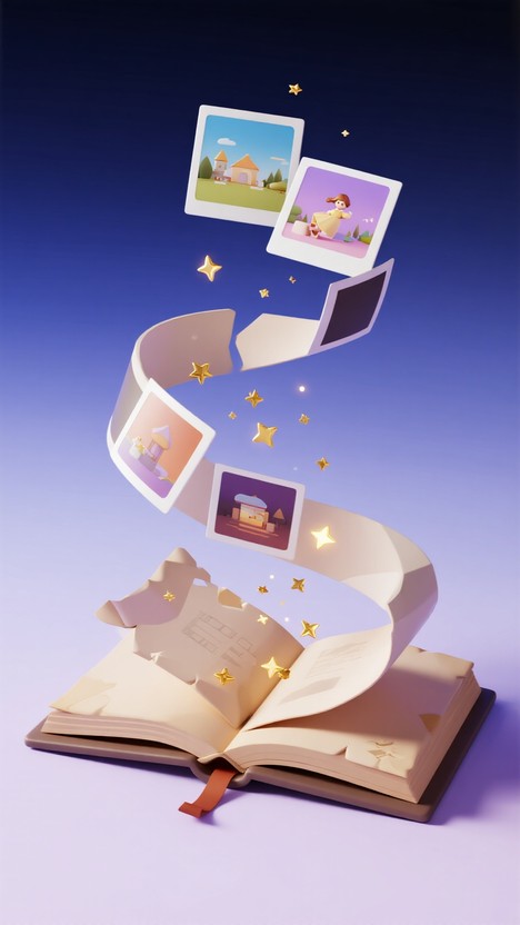 Memory Pathways A magical book releases its memories as floating photos spiral upward ...