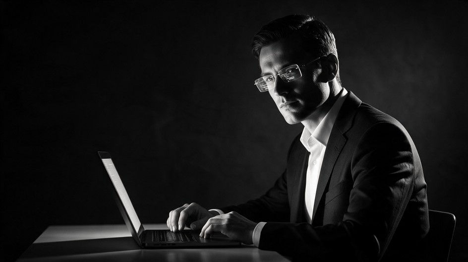 Programmer White Shadow A confident man in round-rimmed glasses sits at a simple desk and types ...