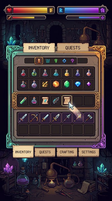 A tall pixel art illustration of a fantasy game inventory screen framed ...