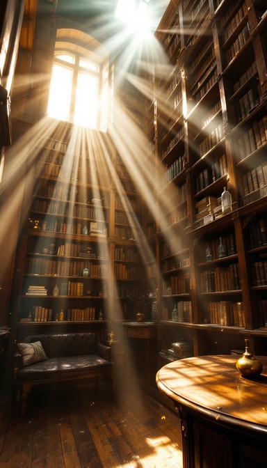 Golden sunbeams pierce through tall windows, illuminating endless rows ...